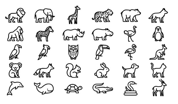 Black and white minimal animal outline icon set vector isolated on white background