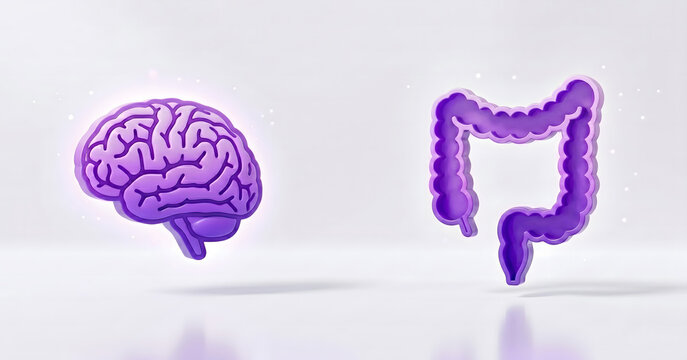 Gut brain axis concept with isolated brain and colon, digestive system and mental health connection 3D illustration