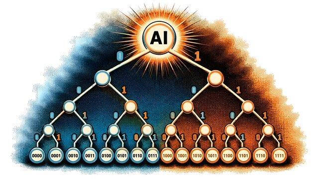 Retro Halftone Illustration of Branching Decision Tree with Glowing Nodes and Binary Paths &ndash; Vintage AI Logic Concept on White Background