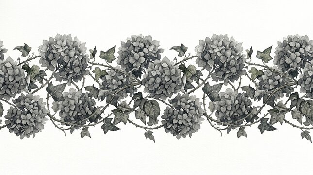 Elegant botanical border, vintage hydrangea and ivy floral pattern, decorative garden plant illustration, seamless design element for textiles and decor