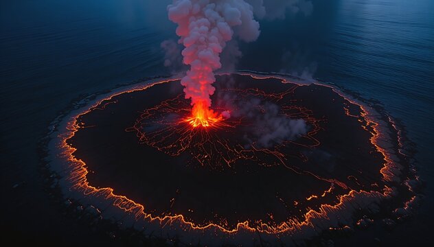 Aerial Night Lava Ocean Entry Steam Plume Glow Hawaii Volcanic Environment
