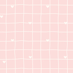Fototapeta premium Cute Pink Grid Heart Seamless Pattern Vector Background, Pastel Romantic Repeating Texture