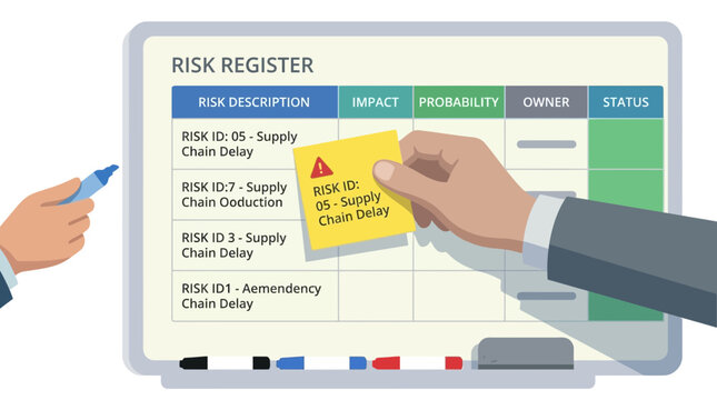 Risk Register Document with ColorCoded Sections and Hand Interacting.