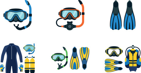 Scuba Diving Equipment Icon Collection with Snorkel Mask, Swim Fins, Wetsuit, and Underwater Adventure Gear for Marine Sports Designs © KP Studio