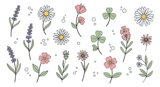 Collection of various hand-drawn minimalist floral elements, including stems, leaves, and blooming flowers in a sketchbook style, isolated on a white background for design projects.