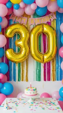 30th Birthday Party Decoration Setup with Gold Foil Balloons Cake and Colorful Streamers for Milestone Celebration Background