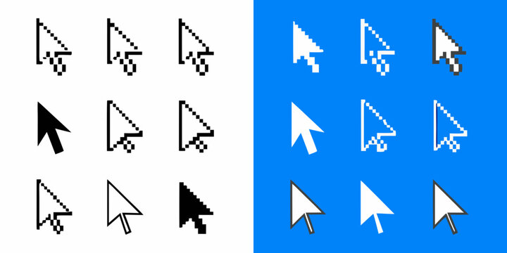 cursor icons set various mouse pointers and hand cursors on contrasting backgrounds