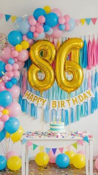 86th Birthday Party Decoration Setup with Gold Number Balloons and Pastel Balloon Garland for Elderly Celebration Event Concept