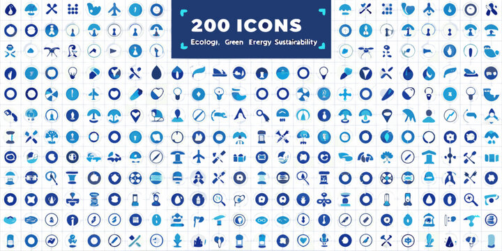 collection of two hundred flat blue icons ecology and sustainability theme