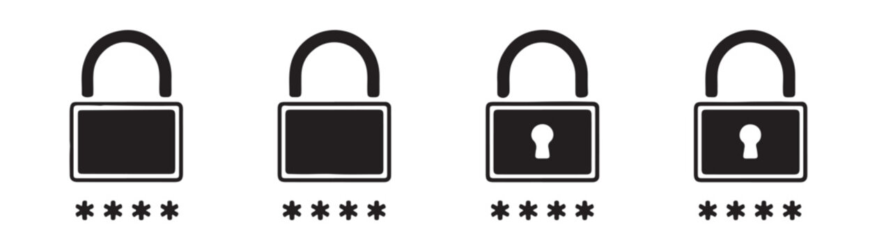 Black open lock pads with asterisks indicating password fields for secure data entry display.