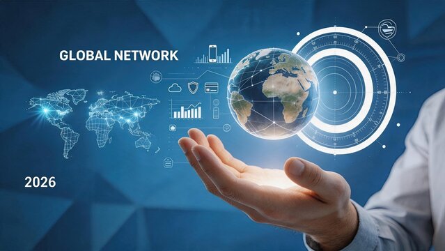 Global network connectivity future 2026, hand holding earth globe with world map, data charts, security shield, and mobile connection icons.