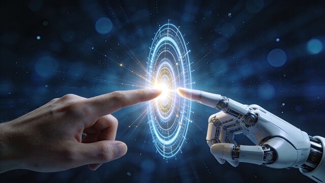 Human hand touching robotic finger with glowing digital energy connection, artificial intelligence concept, future technology collaboration between man and machine, cyborg