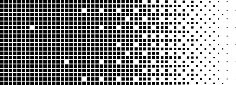Pixel disintegration background. Halftone fragment. Dispersed dotted pattern. Concept of disintegration. Square pixel mosaic textures with square particles. Vector illustration on white background.