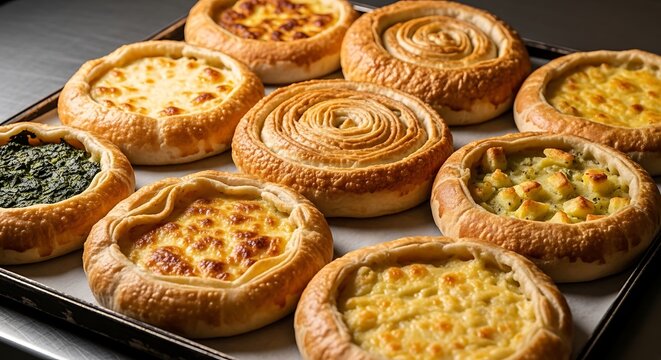 Assorted Turkish Pide and Fatayer Savory Pastries with Cheese and Spinach