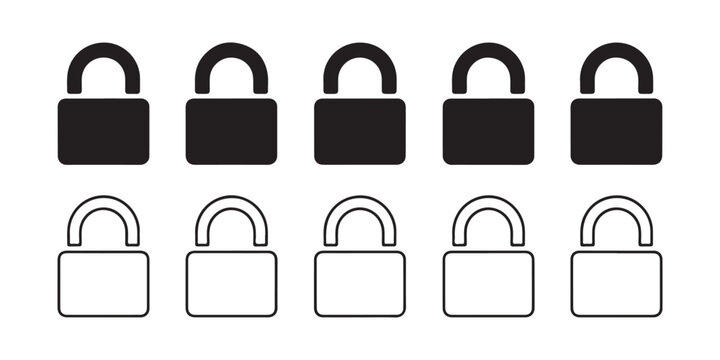 Set of black lock icons in solid and outline styles with different shackle sizes on grid background.
