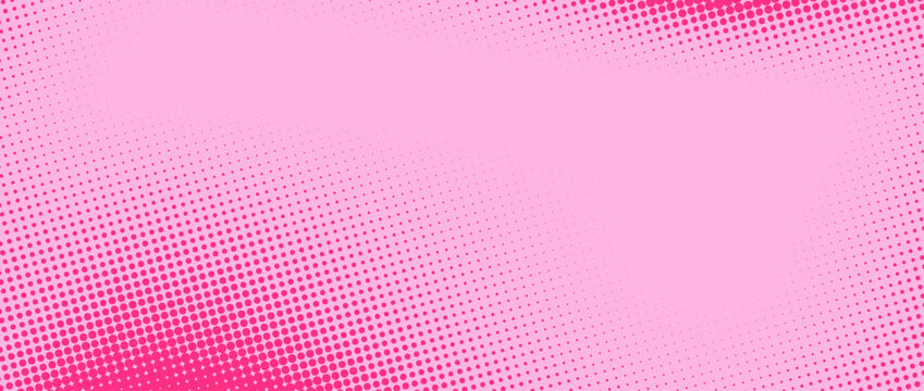 Pink halftone background. Retro comic gradient pattern. Bright rose pixelated dotted texture overlay. Cartoon pop art faded grain backdrop for poster, banner, advertisement, brochure. Vector