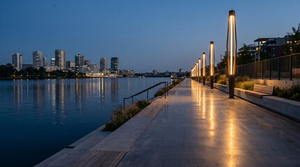 Fototapeta premium Polished Concrete Quay with Sculptural Lighting and River Reflections for Minimal Luxury Urban Waterfront Design