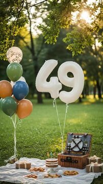 49th Birthday Picnic Celebration in Park with Balloons and Cake, Outdoor Anniversary Party Decor, Milestone Birthday Concept for Forty-Ninth Year, Festive Summer Picnic Setup