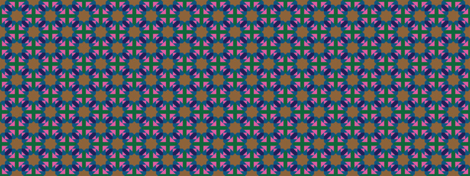 Decorative seamless geometric pattern featuring repeating retro-inspired abstract shapes. Elegant ornamental design suitable for wallpaper, fabric, wrapping paper, textile prints, packaging, web backg