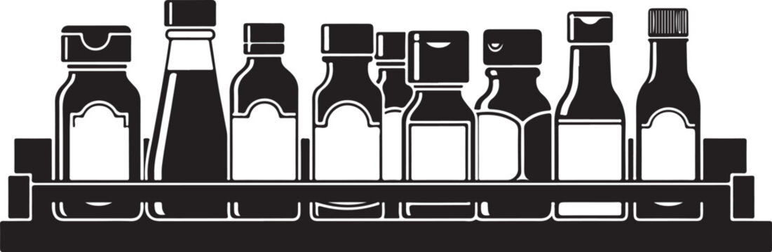 Black and white of various bottles on a shelf condiments