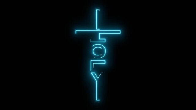 Holy word in the shape of a cross. Christian, religious and church typography concept. Decorated Christian cross. Religion concept. Holy cross pictogram. Neon glowing.