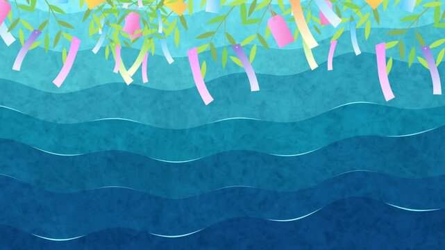 Japanese Tanabata Star Festival background with blue waves and bamboo leaf decorations