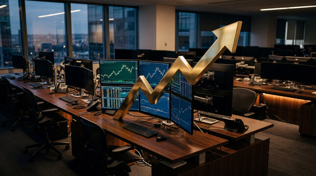 Polished gold arrow rising above emerald candlesticks in dark executive trading environment symbolizing growth