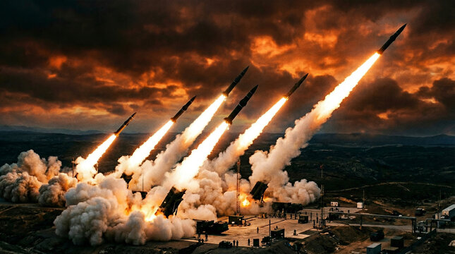 Multiple Missiles Launching into Dramatic Sky
