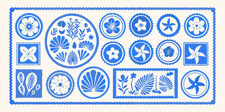 blue floral and botanical stamp collection decorative pattern