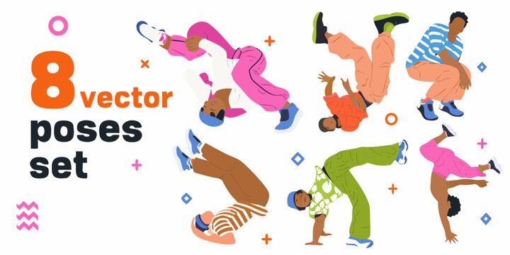breakdancing poses set colorful vector illustration