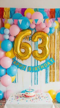 63rd Birthday Party Decoration Setup with Gold Number Balloons and Colorful Cake for Senior Celebration Event Background