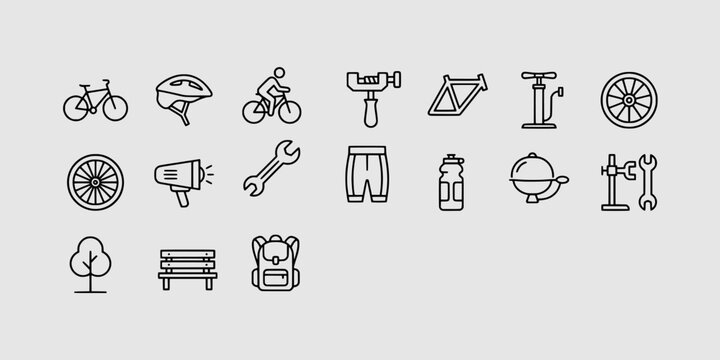 Icon set collection of bicycles cycling gear repair tools and park elements in a modern linear outline style.