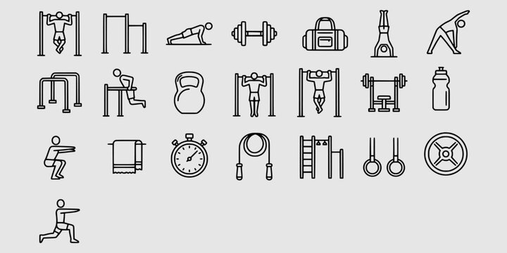 Icon set collection of calisthenics fitness gym exercises and bodyweight workout equipment in professional minimalist line icons.