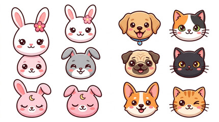 Obraz premium Cute Kawaii Animal Faces Collection of Bunnies and Dogs.
