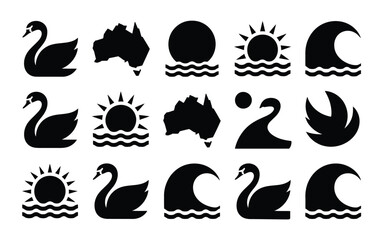 Set of black and white geometric silhouettes depicting swans australian maps suns moons waves and abstract shapes representing western australia day celebrations and natural © Mausumi