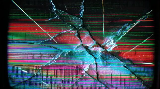 Broken TV Screen Glitch Effect Background With Colorful Static Lines And Cracks