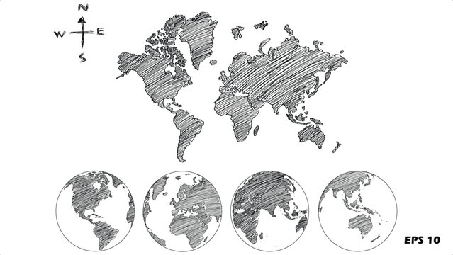 Hand-Drawn World Map and Globe Vector Set. Professional Sketch Illustration with Cross-Hatched Textures, Compass Rose, and Four Rotating Earth Views.