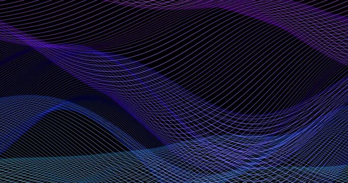 Abstract blue purple wave with thin lines. Cyber digital stylized line art background. 4K 3D rendering loop animation.