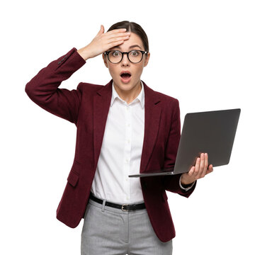 Shocked businesswoman with laptop, realizing mistake, isolated on white background