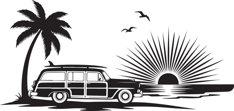 Black and white beach scene with vintage station wagon sunset