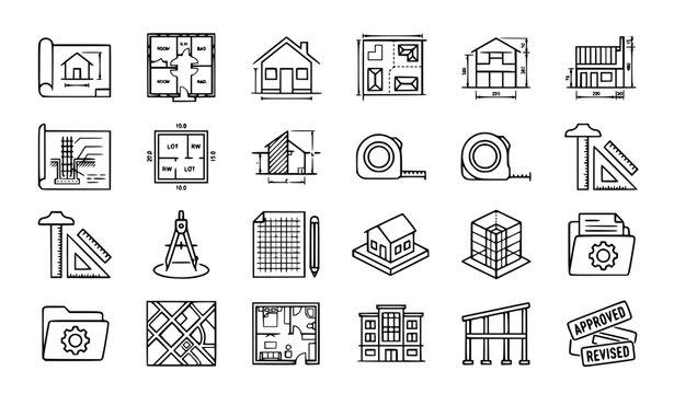 Blueprint and Architecture Line Icon Set Featuring Floor Plan Sketch Design Layout and Real Estate Symbols