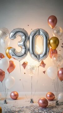 30th Birthday Celebration Decoration with Silver Number Balloons and Rose Gold Confetti Balloons for Milestone Anniversary Party Background