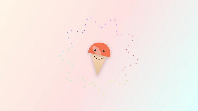 Cute cartoon ice cream cone with happy face and sprinkles.