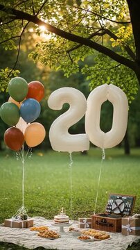 20th Birthday Picnic Celebration Setup with Number Balloons and Cake in a Sunny Park for Milestone Anniversary Party Decoration and Outdoor Event Concept