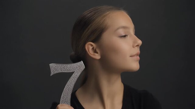 Young girl looking at a silver glitter number seven then turning away