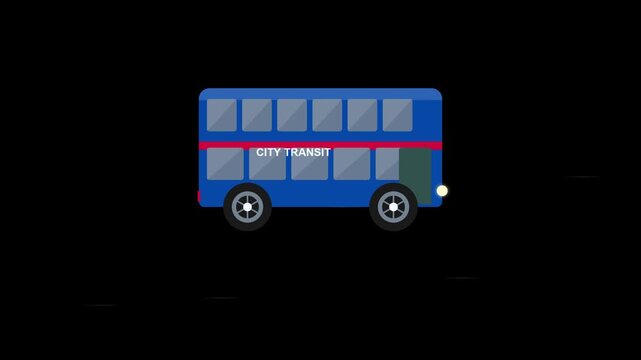 Animated Blue Double-Decker Bus Driving Across a Black Background.