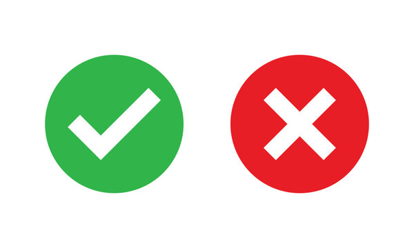 Sharp green checkmark and red cross on isolated white background vector symbol for right and wrong choices. Modern flat design, Checkmark icon set. Checkmark right symbol tick sign