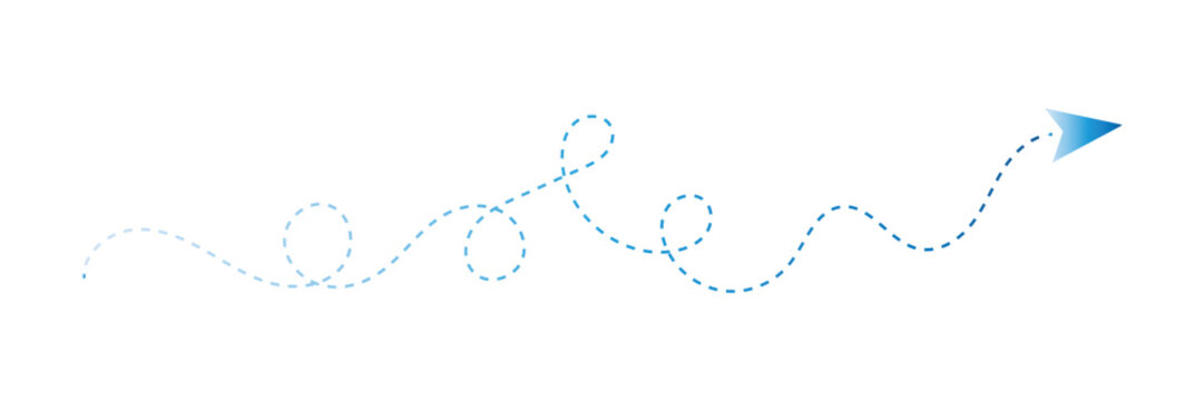 Blue dotted line traces a whimsical path ending in a paper airplane graphic isolated on transparent background