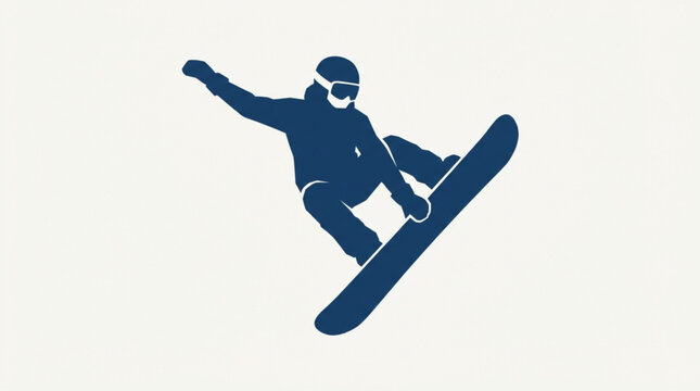 Silhouette of a snowboarder mid-air, performing a trick with dynamic motion and a clean, minimalist style against a stark white background, conveying an energetic and adventurous feeling
