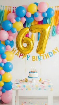 67th Birthday Party Decoration Setup with Gold Number Balloons and Colorful Balloon Arch for Senior Celebration Event Background